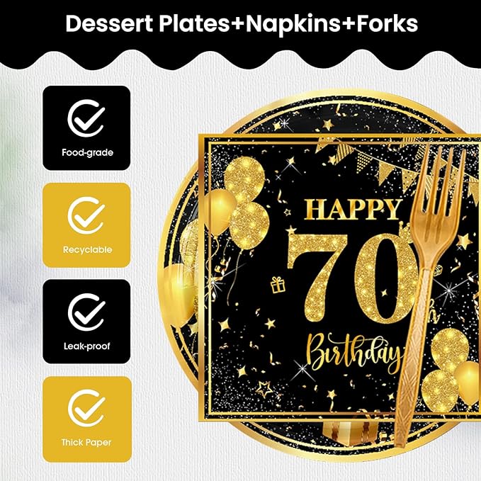 70th 7 inch Birthday Party Paper Plates and Napkins Forks 60 pcs Black Gold Birthday Decorations for Boys Girls Tableware Set for Anniversary Party Supplies,Serve 20
