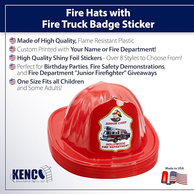 Kenco Kids Customizable Plastic Firefighter Hats -Choose your style, add your name or department