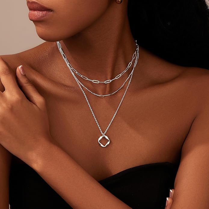 Layered Gold Necklaces for Women, Stackable Dainty 14K Gold Silver Plated Trendy Simple Heart Diamond Cross Bow Circle Pendant Paperclip Choker Dot Chain Necklace,Jewelry Set Gifts for Women