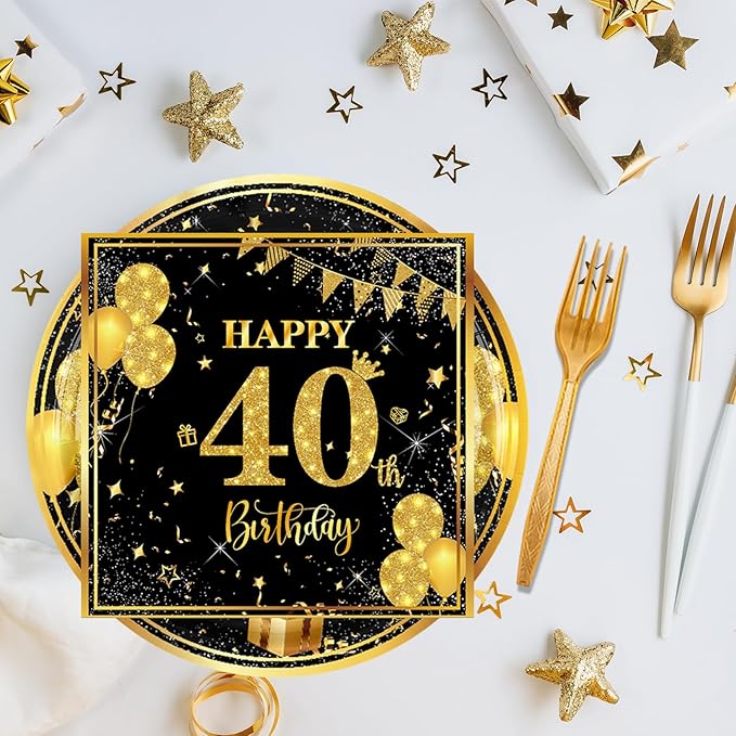 40th 7 inch Birthday Party Paper Plates and Napkins Forks 60 pcs Black Gold Decorations for Boys Girls Tableware Set for Birthday Anniversary Party Supplies,Serve 20