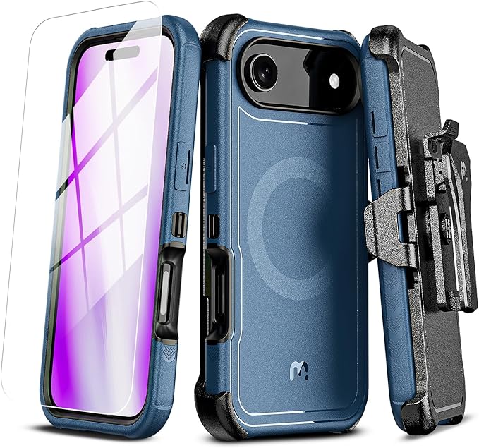 M MYBAT PRO for iPhone Air Case with Belt Clip Holster, [Compatible with Magsafe] w/Screen Protector, Anti-Drop, Shockproof, w 360°Rotating Kickstand, Heavy Duty Protection (Blue)