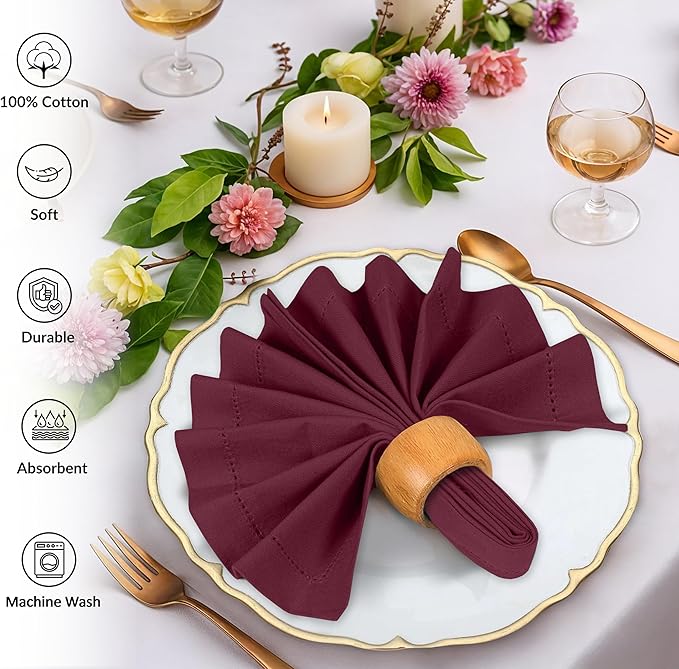 Ruvanti Cloth Napkins - 100% Cotton Dinner Napkins, Hem Stitched Corners, 18x18 Inch, 12 Pack - Soft, Absorbent, Durable, Reusable, Wrinkle Resistant for Formal Dining & Everyday Use - Burgundy