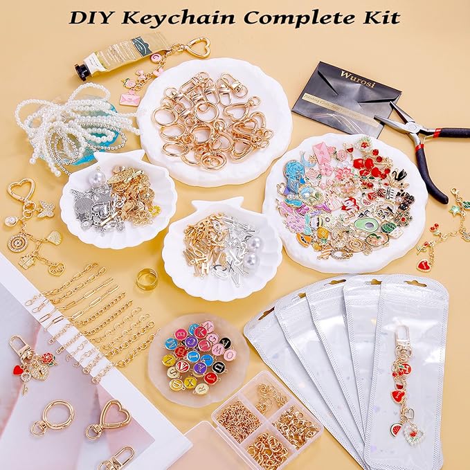 Wurosi 544Pcs Charms Lip Gloss Keychain Making Kit, Bag Charm Kits with Key Chain Hooks, Charms, Chains, Jump Rings, Lobster Clasps, Plier, Gift Bags & Tools, DIY Craft Supplies, Valentines Gifts