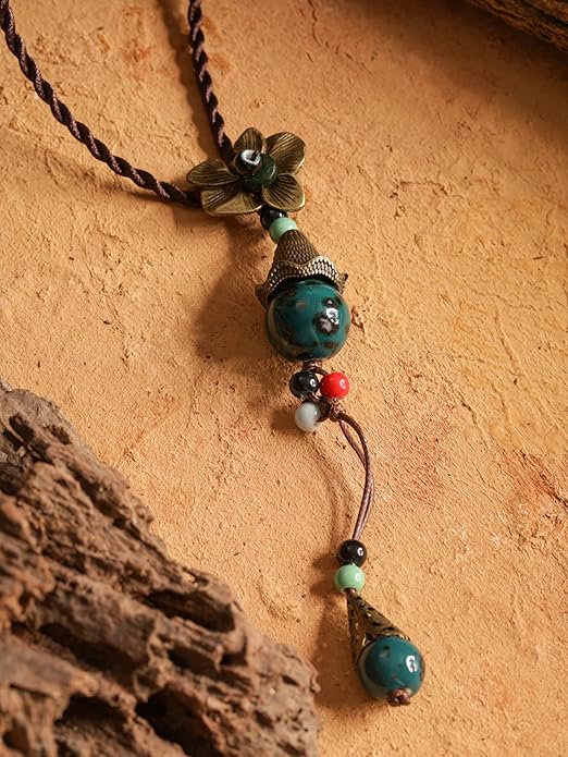 MINACHI Vintage Bohemian Colorful Ceramic Bead Antique Flower Y Necklace, Vintage Boho Hippie Statement Jewelry Gift for Women