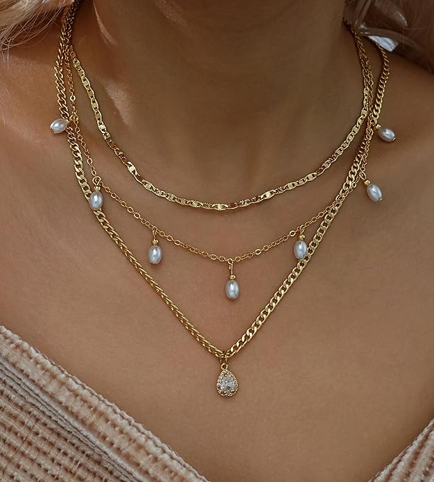 YEEZII Layered Gold Necklaces for Women Trendy, 3 Pcs 14K Gold Plated Choker Paperclip Box Chain Necklace, Stackable Women's Gold Pendant Necklaces Jewelry Set