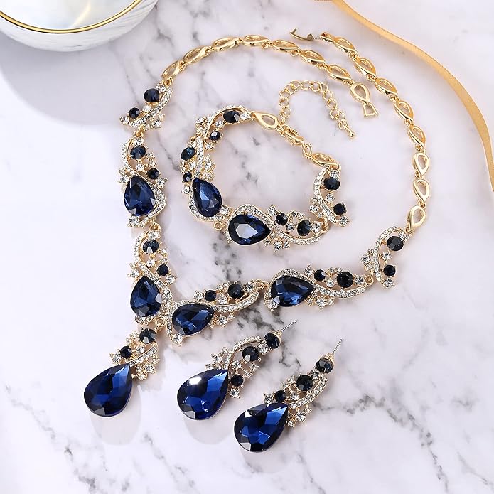 BriLove Wedding Bridal Jewelry for Women Multi Teardrop Cluster Crystal Statement Necklace Dangle Earrings Link Bracelet Set