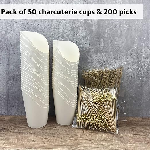 CAMKYDE [50 cups + 200 picks] 14 oz Disposable Charcuterie Cups with Sticks (White)