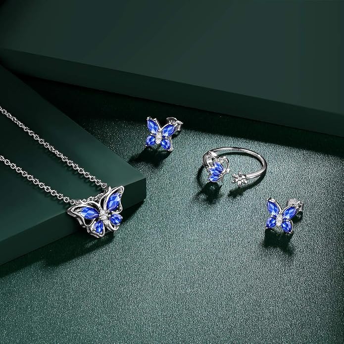 925 Sterling Silver Birthstone Butterfly Jewelry Women Crystal Animal Cute Butterflies Birthday Necklace/Earring/Ring/Bracelet Sets Birth Stone Statement Anniversary Jewellery