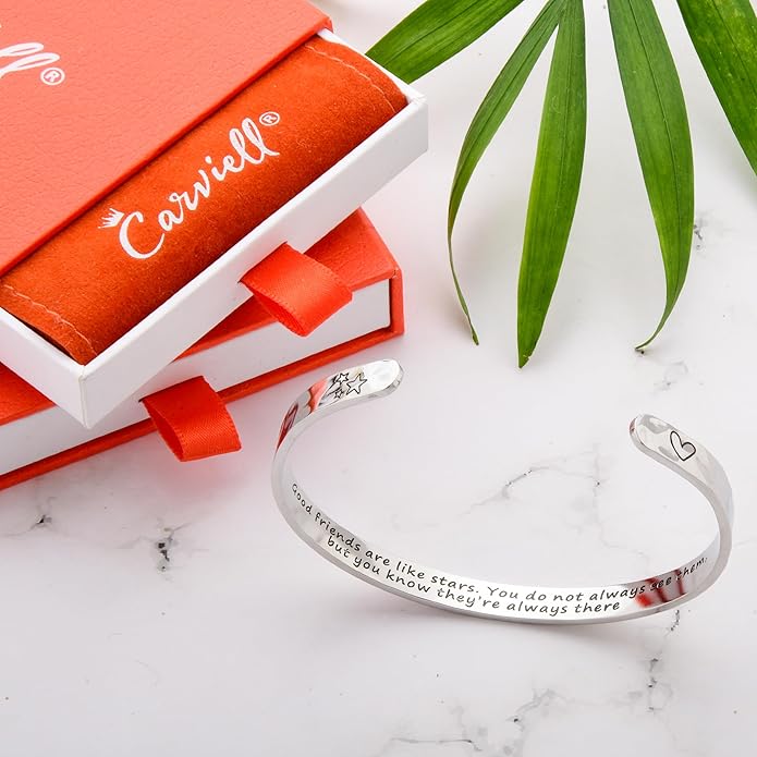 Carviell Engraved Cuff Bracelets for Women – Inspirational, Friendship, Love, Mom, Daughter, Sister, Christian, Graduation, Memorial & Wedding Gifts – 80+ Phrases – Stainless Steel, Gift-Ready