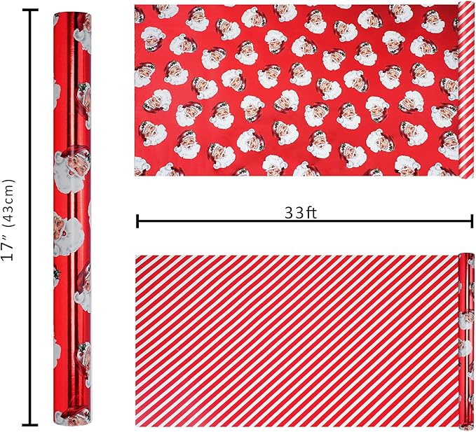 LaRibbons Vintage Santa Christmas Wrapping Paper Roll – Double-Sided Foil Gift Wrap with Candy Cane Stripes, Holiday Wrapping Paper for Xmas Presents & Decorations, 17 Inch × 33 Feet