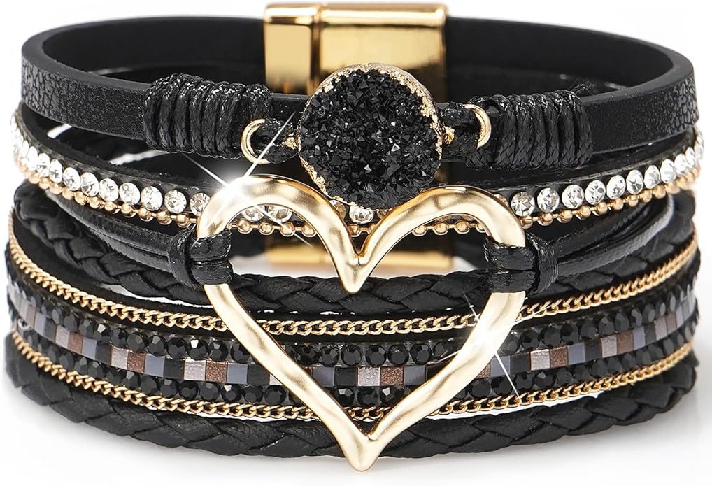 Suyi Multilayer Leather Wrap Bracelet Heart-Shape Wide Cuff Bracelets for Women