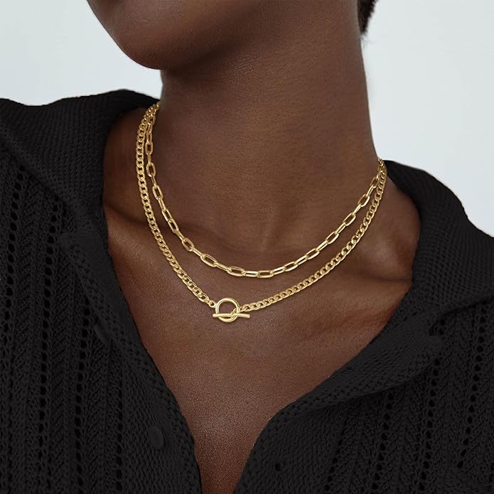 CHESKY Layered Necklaces for Women, 14K Gold Plated Chain Necklace Women Trendy Cuban Link Paperclip Chain Toggle Clasp Necklace Fashion Chunky Jewelry for Women