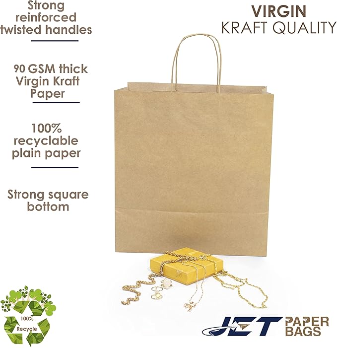 JET PAPER BAGS - Brown Paper Bags with Handles 11x7x12 Inch [25 Pcs] Prime for Takeout, Grocery, Goody, Retail, Party, Gifts, Weddings