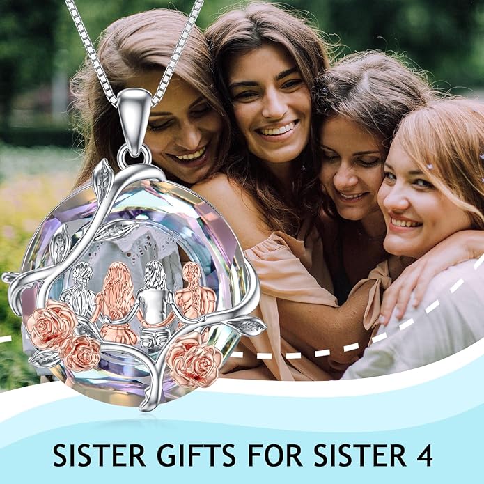 TOUPOP Sisters Gifts from Sister Necklace Sterling Silver Rose Flower with Crystal Jewelry Valentines Day Birthday Gifts for Women Best Friend Friendship