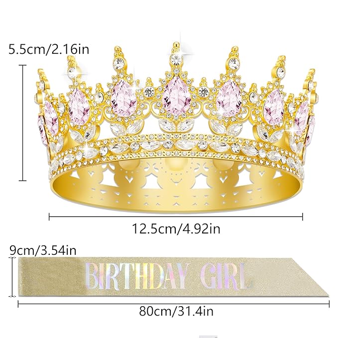 Queen Crown Birthday Crowns for Women, Birthday Girl Sash, Birthday Tiara for Women Set, Princess Rhinestone Birthday Girl Headband Birthday Gifts for Women, Sweet Happy Accessories