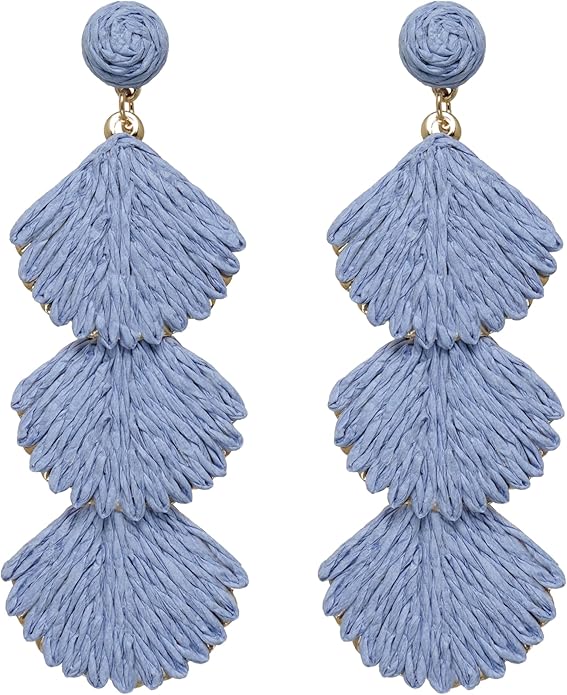 Raffia Dangle Earrings for Women - Boho Statement Rattan Drop Jewelry with Shell Design, Lightweight Summer Beach Trendy Accessories
