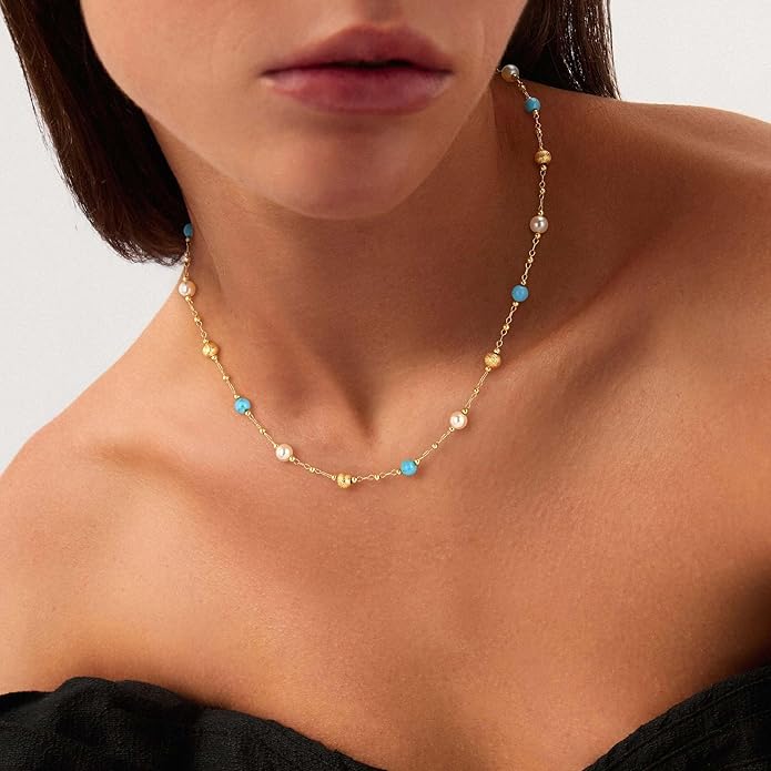 Created Turquoise Necklace for Women 14K Gold Plated Beaded Heart Choker Boho Necklaces Handmade Beach Summer Everyday Western Jewelry Gifts