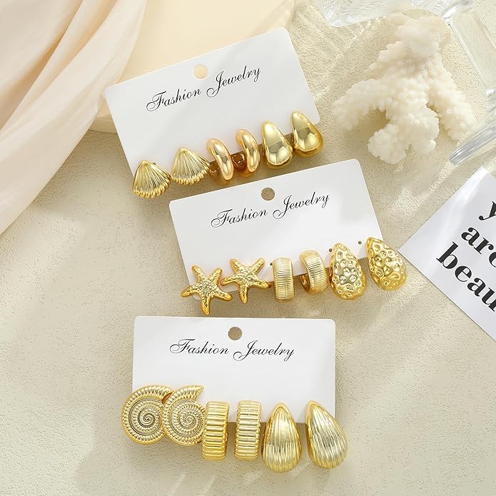 12 Pairs Chunky Gold Hoop Earrings for Women Trendy, Gold Plated Lightweight Hypoallergenic Stack, Thick Open Twisted Huggie Hoops Earring Set