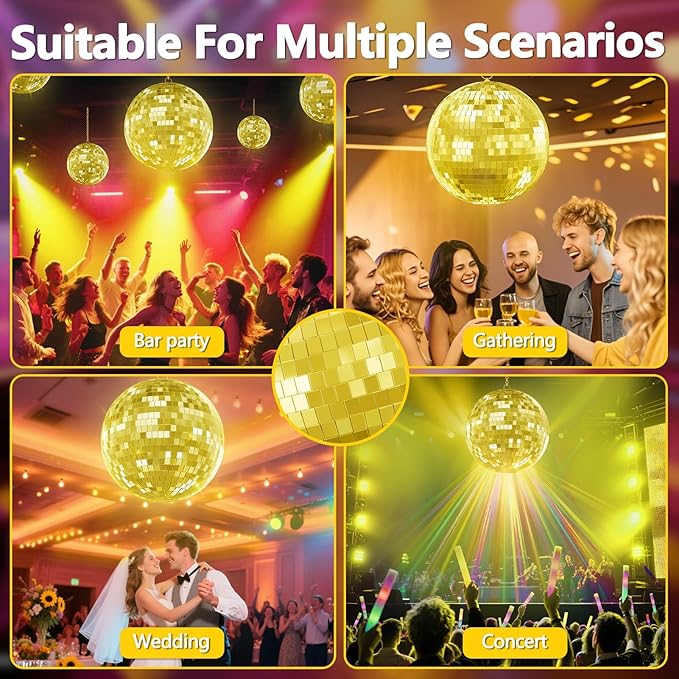 Mirror Disco Ball with Hanging Ring | 12"/16"/20" Mirror Disco Ball for DJ Club,Party,Wedding,Home Decor | Shiny,Easy Installation | with Hanging Ring | Golden, Pink 16inch Golden