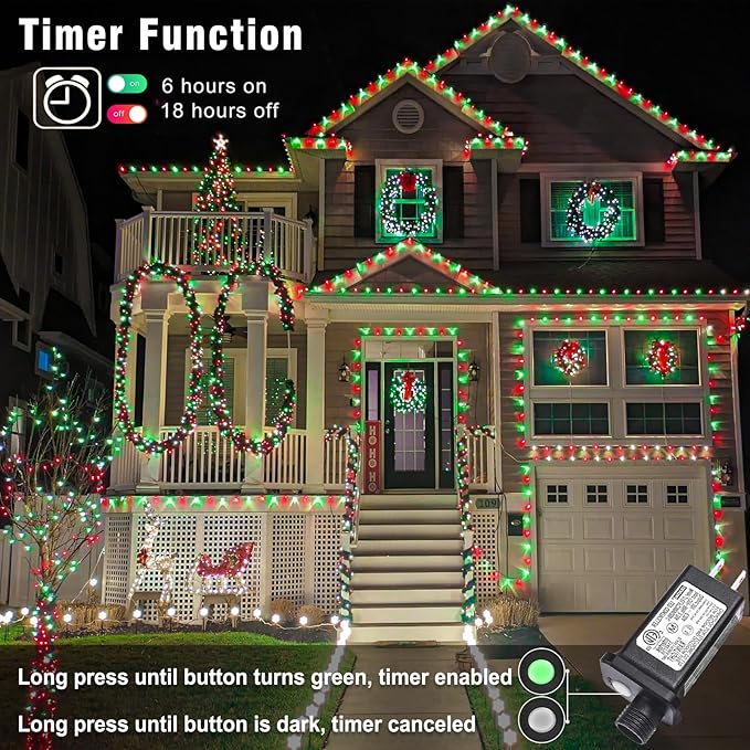 800 LED Christmas Lights Outdoor Indoor, String Lights for Outside with 8 Modes Waterproof, Plug in Twinkle Light Clear Wire for Xmas Tree, House, Garden, Party Decorations, Red Green