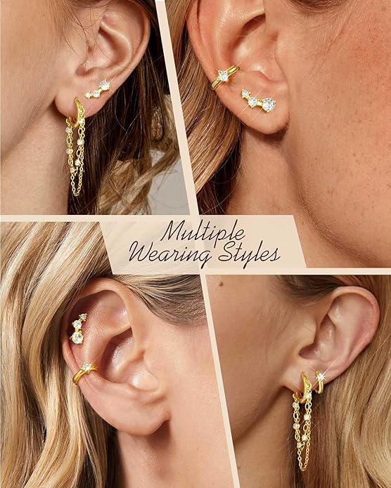 Tassel Chain Small Gold Hoop Dangle Earring For Women Huggie Earring Heart Star CZ 14K Gold Plated Fashion Jewelry Friendship Gift