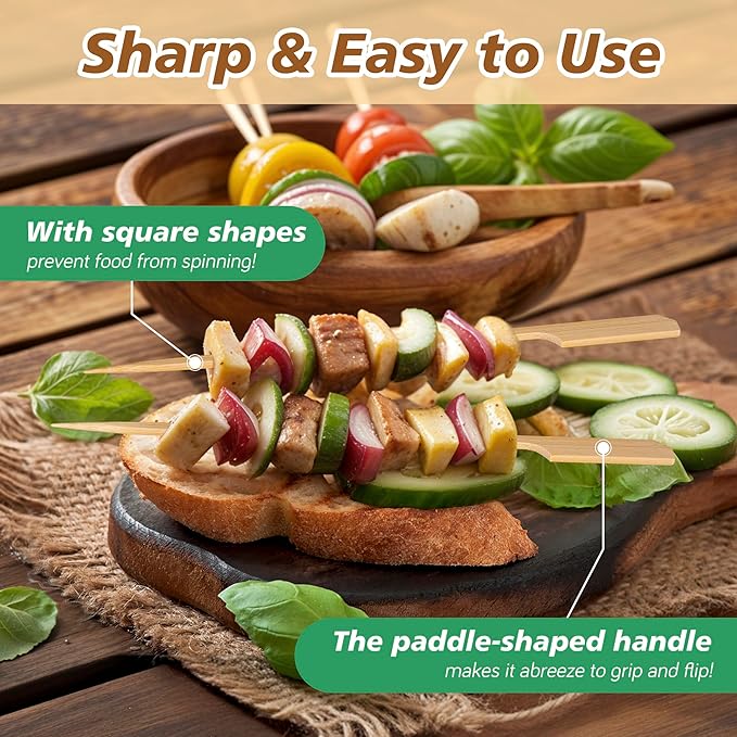 6 inch Bamboo Skewers for Appetizers, Fruit Kabobs, Wooden Food Cocktail Picks, Charcuterie Board Wood Sticks, for Grilling, BBQ Snacks, Caprese, Sandwich Toothpicks, Martini, Flat Handle- 200pcs