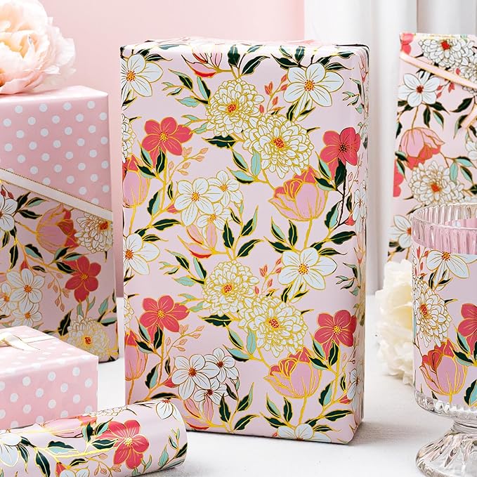 MAYPLUSS Pink Flower Wrapping Paper Roll, Gold Edge Design Floral Gift Wrap For Mothers Day, Wedding, Bridal Shower, Birthday, 17 Inch x 33 Feet
