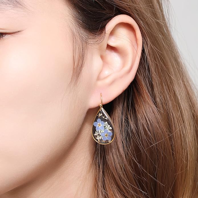Forget-Me-Not and Queen Anne's Lace Pressed Wildflower Earrings | Pressed Flower Earrings | Handmade Drop and Dangle Earrings | Gift for Woman