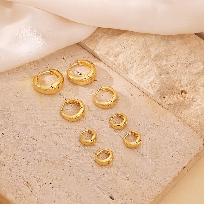 CHESKY 4 Pairs Small Huggie Hoop Earrings for Women - Chunky 14K Gold Plated/Silver Plated Lightweight Earring Stacks Cartilage Hoop Earrings Set for Multiple Piercing Trendy Jewelry