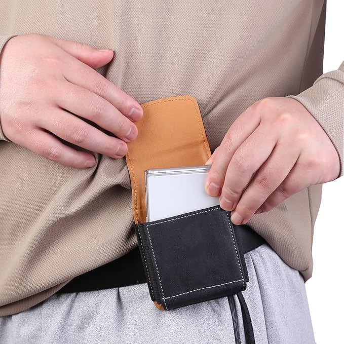 Universal Phone Holster Phone Pouch Case Belt Clip Belt Loops Card Slot Faux Leather for Man for Samsung Galaxy Z Flip 5/4/3 Motorola Razr Plus Razr+ 2023 (Black&Yellow, XS(3.7"x3.1"x1.1"))