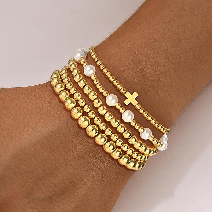 Gold Bead Bracelets for Women Girls - 14K Gold Plated Dainty Round Bead Ball Pearl Cross Bracelet Stack for Women Teenage Girls Stackable Jewelry Christmas Gifts