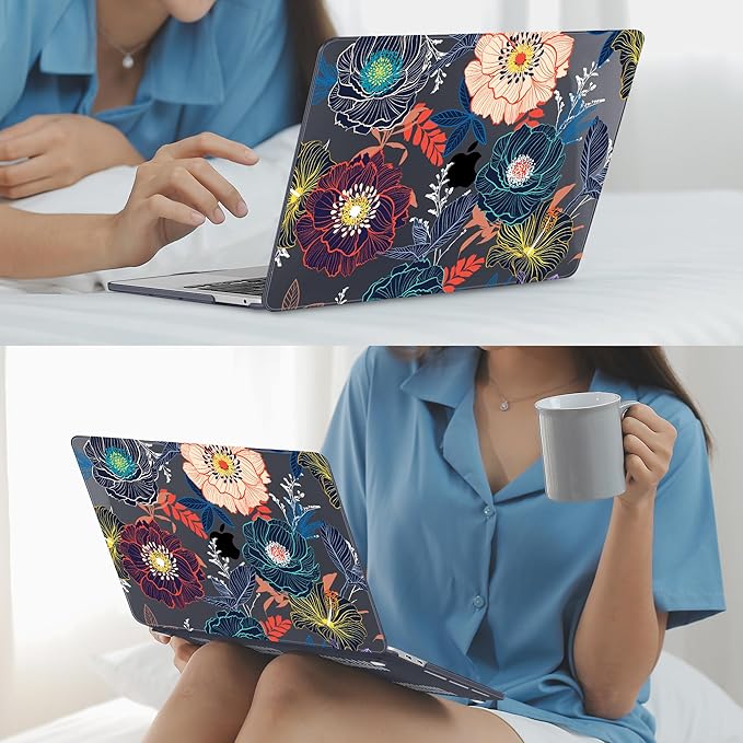 Mektron for MacBook Air 13 Case A1466/A1369 (2010-2017 Release), Snap-on Plastic Hard Shell Cover for MacBook Air 13.3 inch with Keyboard Cover, Dahlia Flowers
