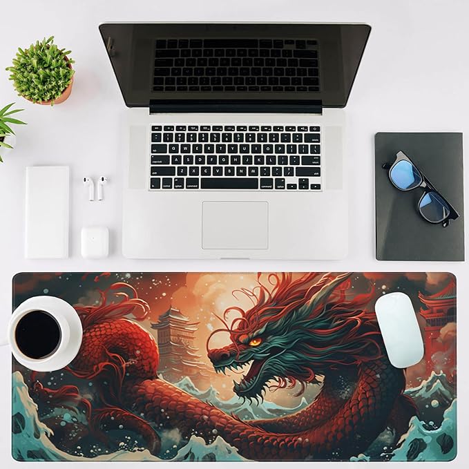 Mouse Pad Large Chinese Traditional Dragon Non-Slip Gaming Desk Mat with Stitched Edge Laptop Keyboard Desk Pad for Work Home Gaming (35.4 x 15.7 Inches)