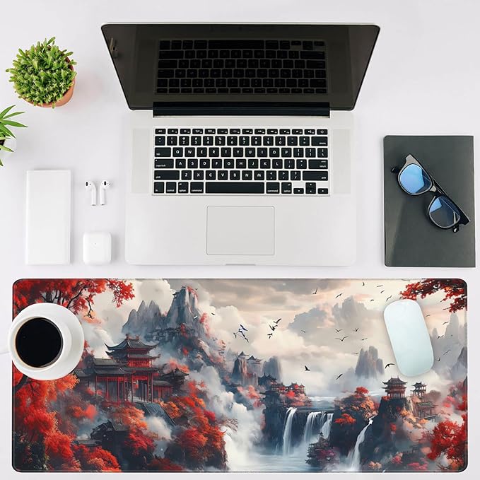 Mouse Pad Large Chinese-Style Landscape Painting Non-Slip Gaming Desk Mat with Stitched Edge Laptop Keyboard Desk Pad for Work Home Gaming (35.4 x 15.7 Inches)