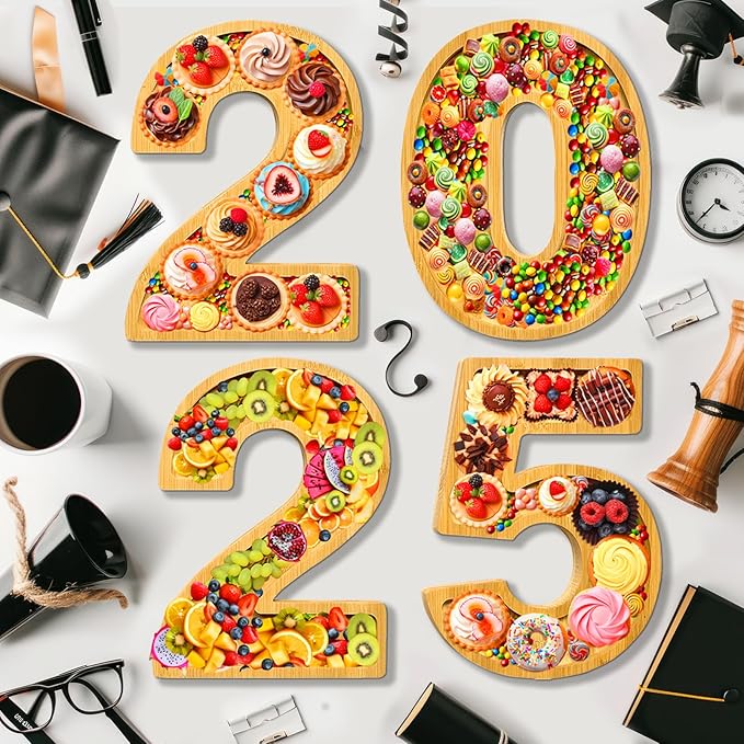 2025 Charcuterie Boards Graduation Fillable Number Boxes Reusable Food Trays for 2025 Party Favors Supply Easter Serving Platters Food Display Boxes Dish Plates for Grad Tabletop Decor Birthday Gifts