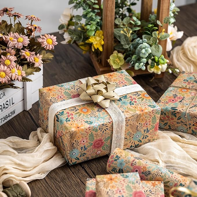 MAYPLUSS Colorful Floral Kraft Wrapping Paper Roll - 17Inch x 33Feet - Garden Boho Floral Gift Wrap Paper Spring Summer Blooms Sheet for Wedding, Bridal Shower, Birthday and Engagement
