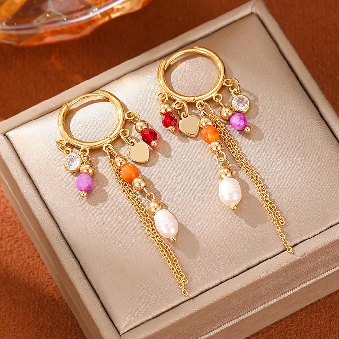 Boho Tassel Hoop Earrings for Women 14K Gold Pearl Earrings Dainty Colorful Bead Pendant Earrings Ethnic Style Statement Jewelry for Vacation Festival Party