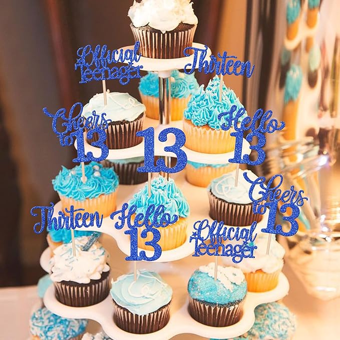 30PCS Happy 13th Birthday Cupcake Toppers Glitter Thirteen Official Teenager Hello 13 Cupcake Picks Cheers to 13 Birthday Decorations for 13th Birthday Anniversary Party Cake Decor Supplies Blue