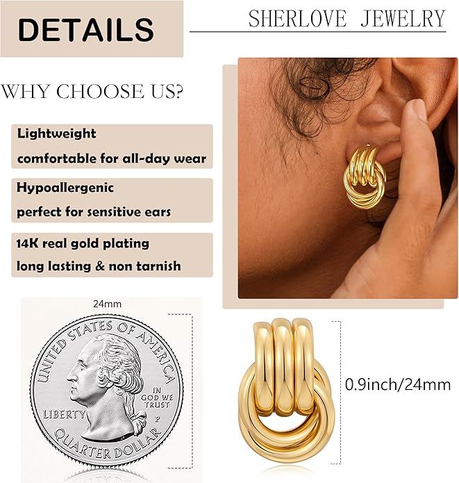 Stocking Stuffers for Women Chunky Gold Knot Dangle Drop Earrings Trendy Statement Earrings Hypoallergenic Lightweight Gold Jewelry Women Christmas Gifts