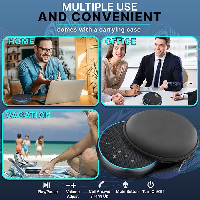 Pyle Portable Conference Speakerphone, Multifunctional Wireless BT Speaker Phone with USB C and Aux Cable, 10m Omnidirectional Microphone Coverage, Ideal for Home and Office Use