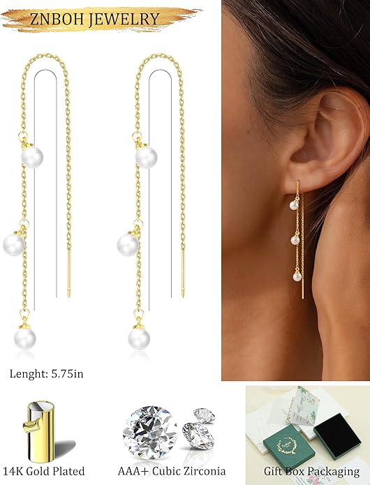 Gold Silver Dangle Earrings for Women Trendy 14K Gold Plated Drop Long Threader Chain Dangling Earring Hypoallergenic Pearl Butterfly Flower Clover CZ Wedding Earrings for Brides Jewelry Gifts