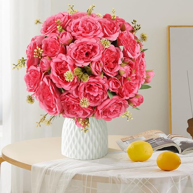 12 Packs Artificial Peonies Silk Flowers: Faux Peony Bouquet 12 Bundles, Fake Peonies Flowers Bulk for Centerpiece Table Wedding Party Home Decor for Vase Decoration (Rose Red)
