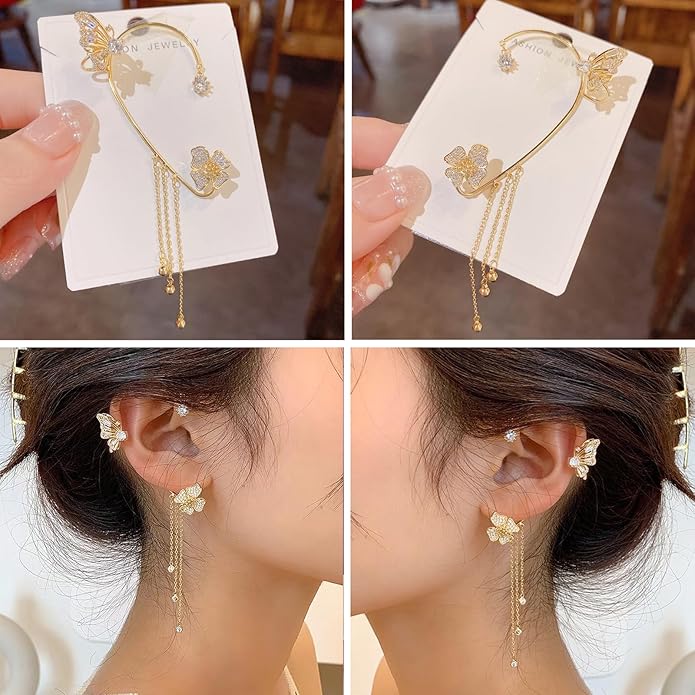 2PCS Butterfly Ear Cuffs Climber Wrap Around Earrings for Women Fairy No Piercing Ear Clip Gold Silver Jewelry Gift