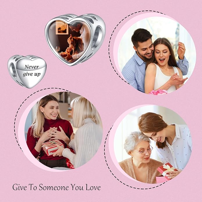 Annmors Personalized Photo Charms For Bracelets/Necklace 925 Sterling Silver Love Heart Shaped Engraved Customize Picture Gift for Birthday Mother's Day,Bead Charms Jewelry for Women
