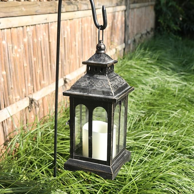 DECORKEY Candle Lantern Decorative Indoor & Outdoor, Christmas Vintage Metal Hanging Lanterns Decor for Front Porch Home Patio Wedding Party, Halloween Decorations (Black with Copper Brush)