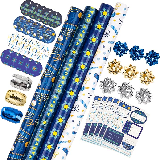 WRAPAHOLIC Hanukkah Wrapping Paper Set - Menorahs, the Star of David, Candles Design Chanukah Wrapping Paper Bundle with Gift Bow & Ribbon & Tag & Sticker