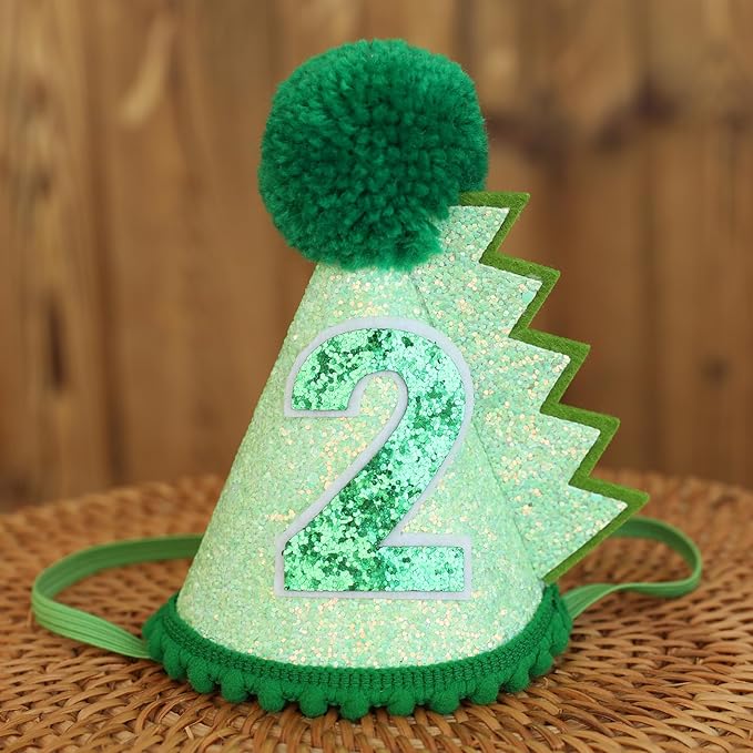 Green Glitter Dinosaur Birthday Cone Hat for 1-5 Years Old Kids Boys Dino Dinousour Birthday Hat Party Decoration