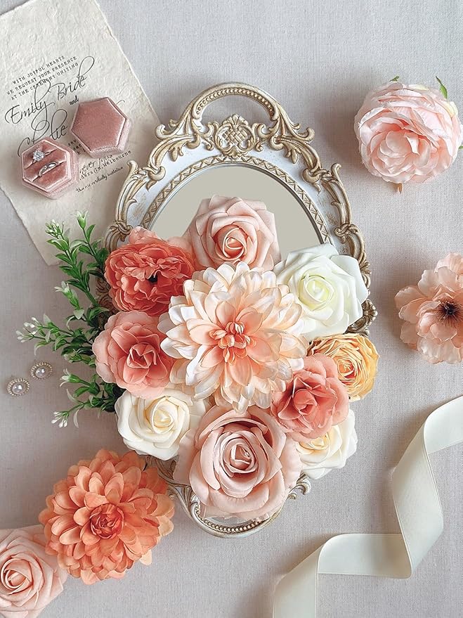 Roses Artificial Flowers Orange Fake Flower with Stems for DIY Wedding Bouquets Bridal Baby Shower Centerpiece Table Decorations Silk Faux Floral Arrangements for Party Home Decor Indoor Peach