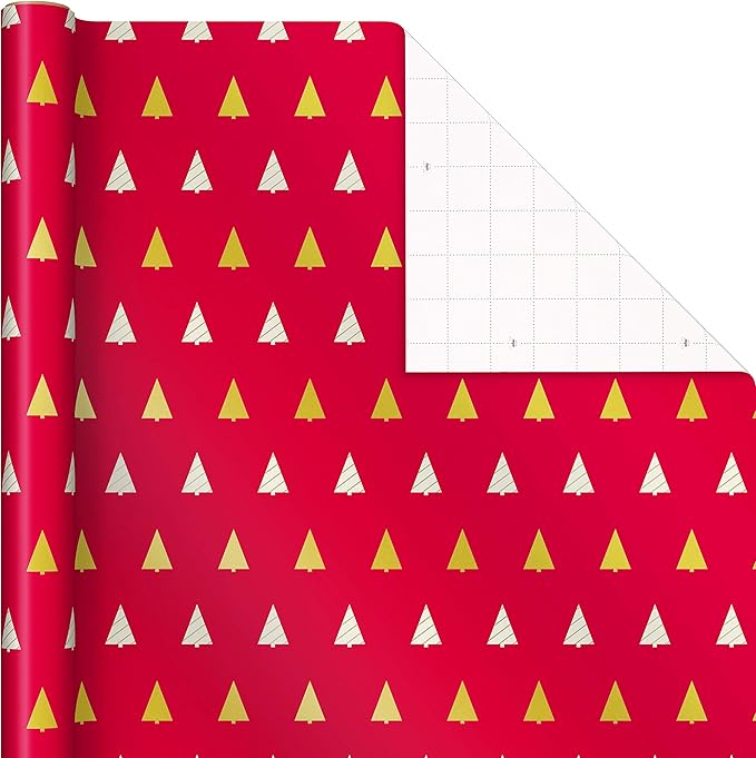 Hallmark Minimalist Christmas Wrapping Paper with Cut Lines on Reverse (3 Rolls: 120 sq. ft. ttl) Red, White, Gold Trees, Stripes, Dots