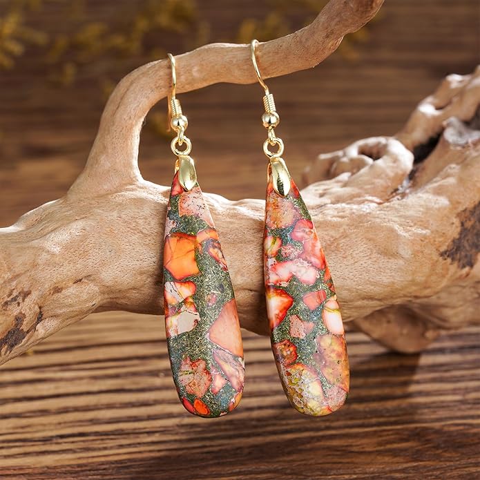 Boho Women Natural Stone Earrings Unique Healing Imperial Jasper Gemstone Energy Hypoallergenic Lightweight Dangle Drop Earrings Multiple Styles Earrings Jewelry for Birthday Party Gift